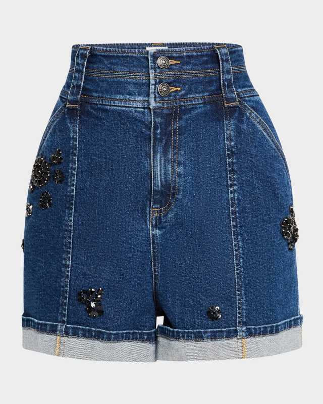 Crystal Double-Waistband Denim Shorts